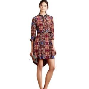 Anthropologie Carolina K Womens Silk Crepe Leather Tribal Averil Mini Dress Sz L